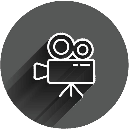 Video camera icon on a dark gray circle with a long shadow